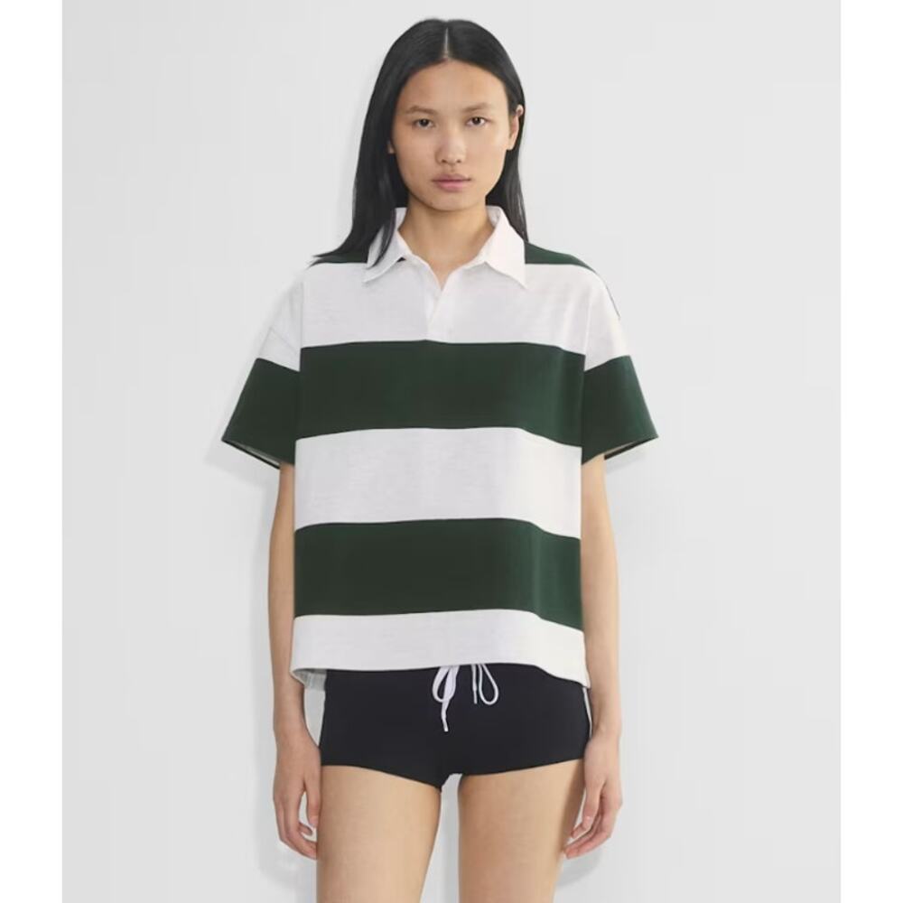Aritzia Tna LOMU POLO Short Sleeve Rugby T-SHIRT Green Grey Striped Cotton Small